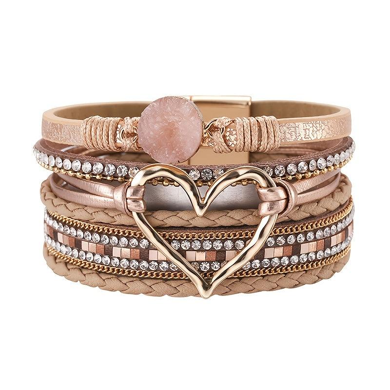 Exaggerated Love Shape Warp Bracelet Inlaid Rhinestone Multi-layer PU Leather Bracelet With Magnetic Buckle