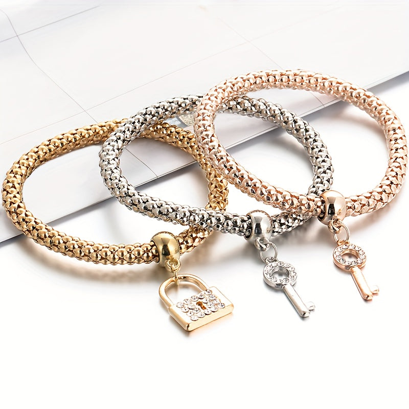 3 Pcs Stackable Bracelet Set With Lock & Key Shape Pendant Stretch Bracelet For Women Jewelry