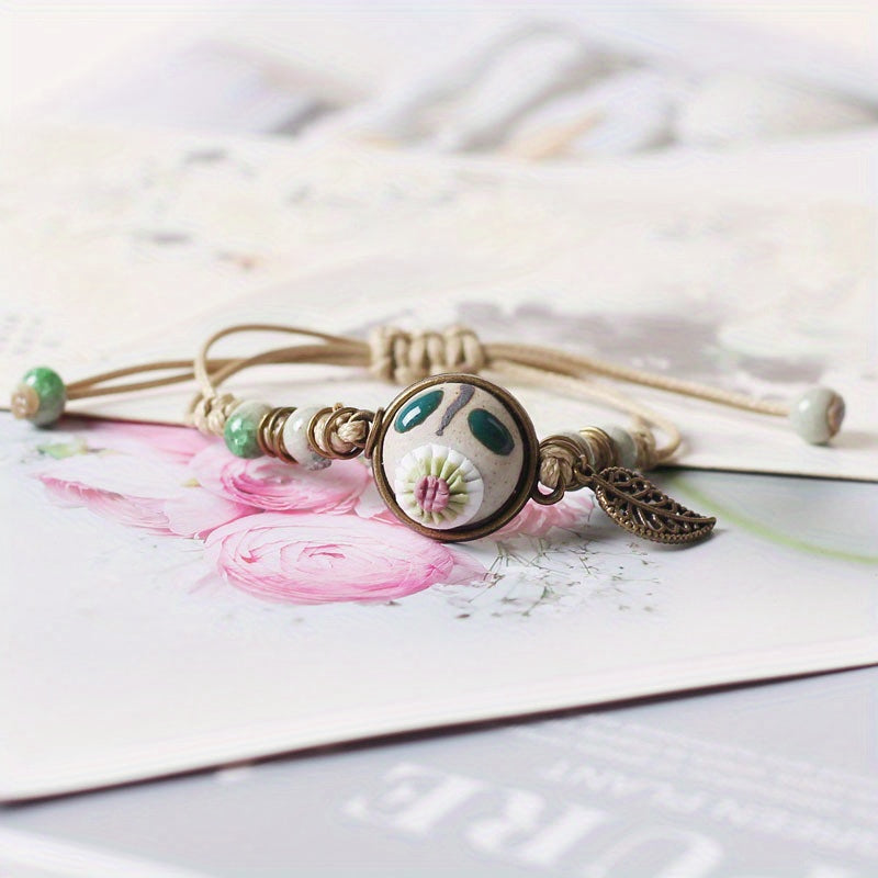 Delicate Ceramic Ornaments Clay Flower Bracelet With Adjustable Braided PU Leather Bracelet