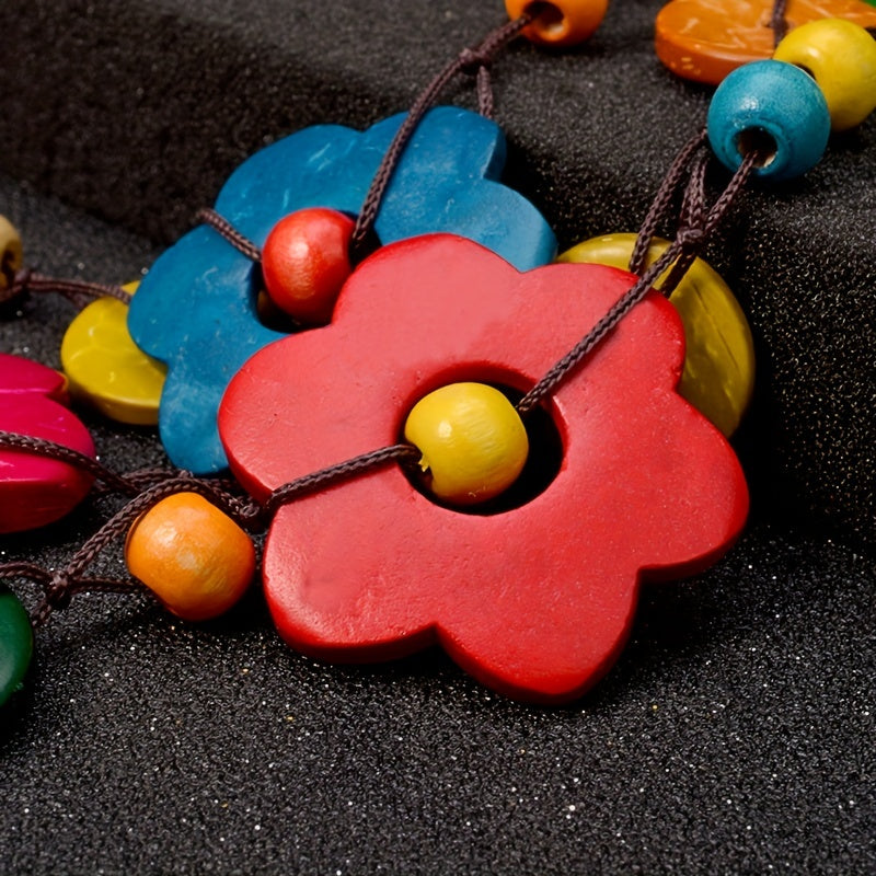Handmade Boho Multilayer Wooden Multicolor Flower Necklace, Retro Style Wooden Rice Bead Women's Neck Jewelry Summer Beach Decor Ornament