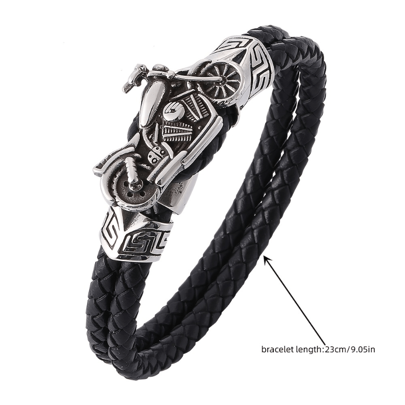 Vintage Distressed Metal Motorcycle Look Classic Black Double Layer Hand Braided Leather Bracelet Men's Bike Punk Jewelry