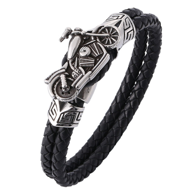 Vintage Distressed Metal Motorcycle Look Classic Black Double Layer Hand Braided Leather Bracelet Men's Bike Punk Jewelry