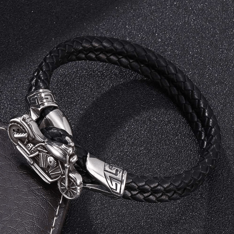 Vintage Distressed Metal Motorcycle Look Classic Black Double Layer Hand Braided Leather Bracelet Men's Bike Punk Jewelry
