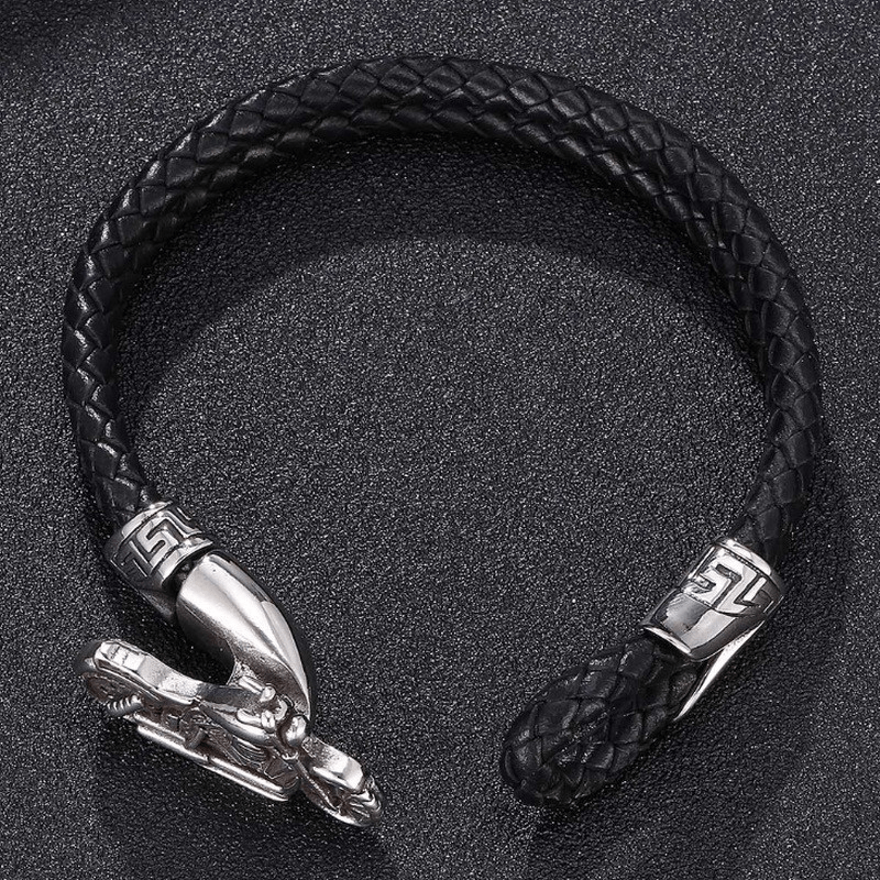 Vintage Distressed Metal Motorcycle Look Classic Black Double Layer Hand Braided Leather Bracelet Men's Bike Punk Jewelry