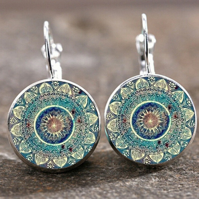 Mandala Flower Pattern Time Gemstone Decor Vintage Earrings Alloy Jewelry Delicate Female Gift Daily Casual