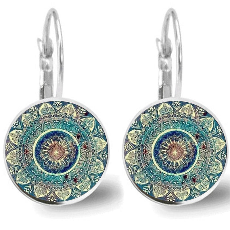 Mandala Flower Pattern Time Gemstone Decor Vintage Earrings Alloy Jewelry Delicate Female Gift Daily Casual