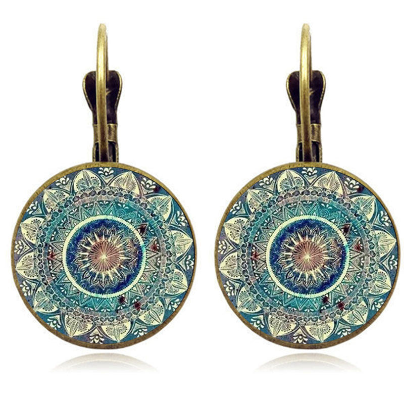 Mandala Flower Pattern Time Gemstone Decor Vintage Earrings Alloy Jewelry Delicate Female Gift Daily Casual