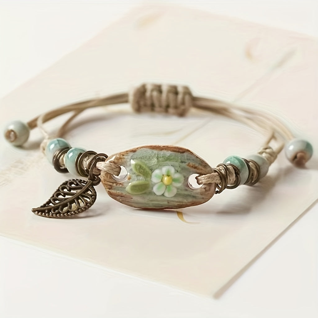 Delicate Ceramic Ornaments Clay Flower Bracelet With Adjustable Braided PU Leather Bracelet