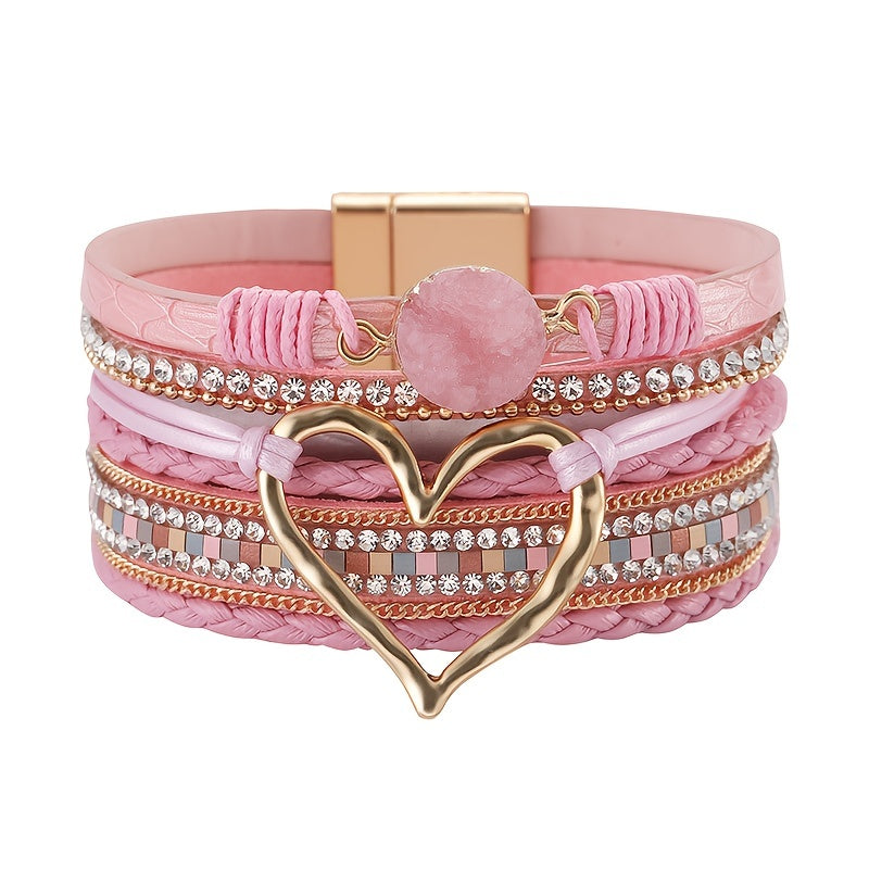 Exaggerated Love Shape Warp Bracelet Inlaid Rhinestone Multi-layer PU Leather Bracelet With Magnetic Buckle