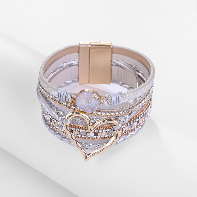 Exaggerated Love Shape Warp Bracelet Inlaid Rhinestone Multi-layer PU Leather Bracelet With Magnetic Buckle