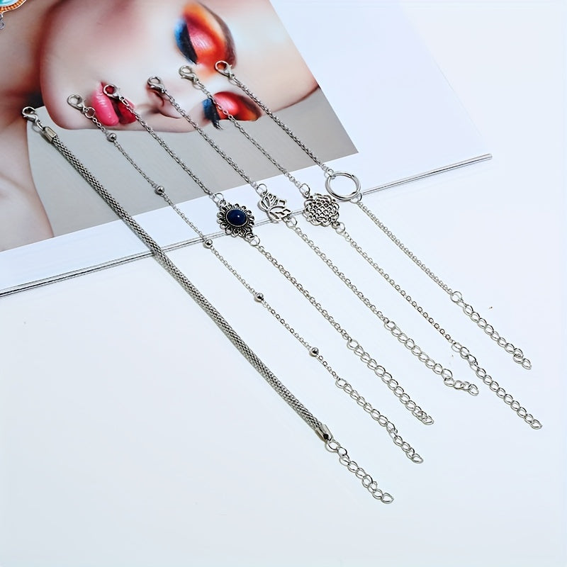 A Set of Six Minimalist Hollowed-Out for Lotus Leaf Round Stone Beaded Bohemian Ethnic Style Unique Bracelets,  Statement Bracelets, Hollowedout Pattern, Minimalist Design, Lightweight Bracelet, Delicate Craftsmanship, Fashio