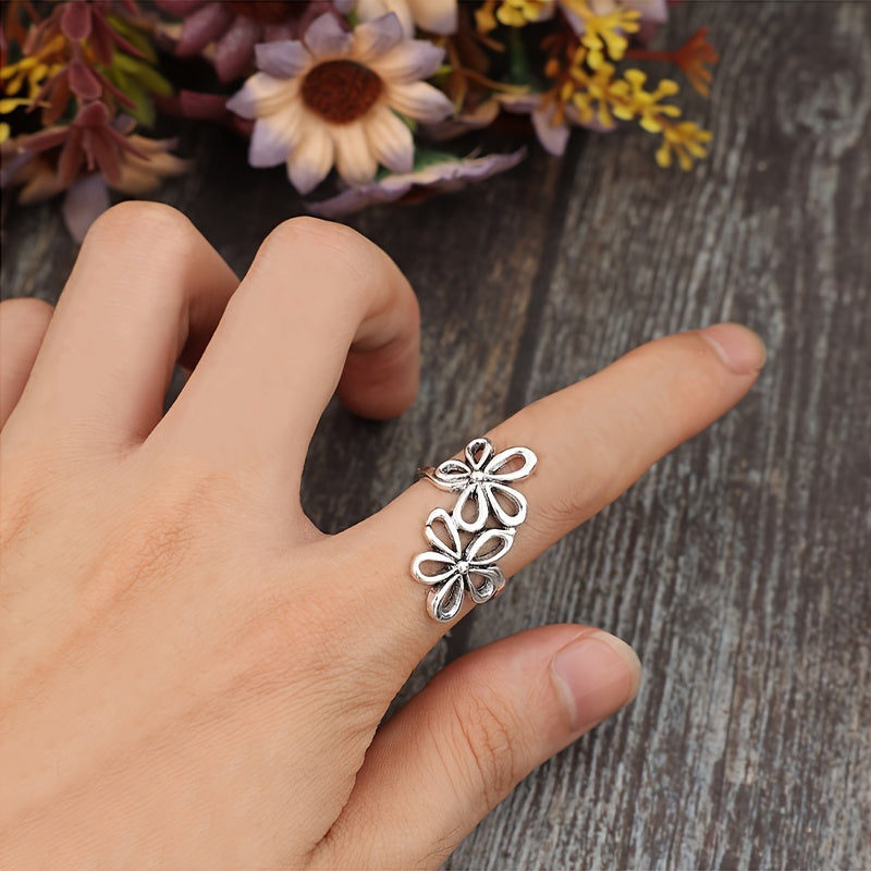 Double Hollow Flower Adjustable Open Ring Vintage Style Finger Jewelry Decor For Women