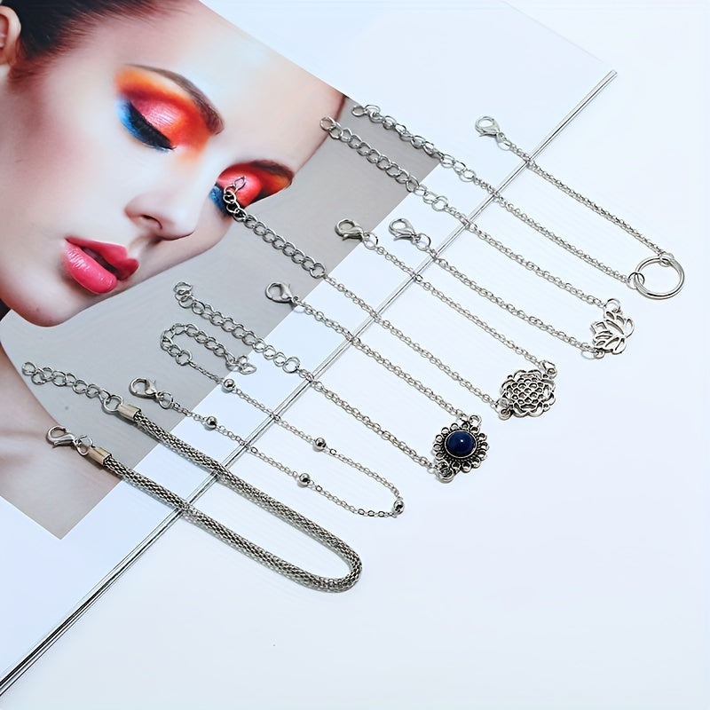 A Set of Six Minimalist Hollowed-Out for Lotus Leaf Round Stone Beaded Bohemian Ethnic Style Unique Bracelets,  Statement Bracelets, Hollowedout Pattern, Minimalist Design, Lightweight Bracelet, Delicate Craftsmanship, Fashio