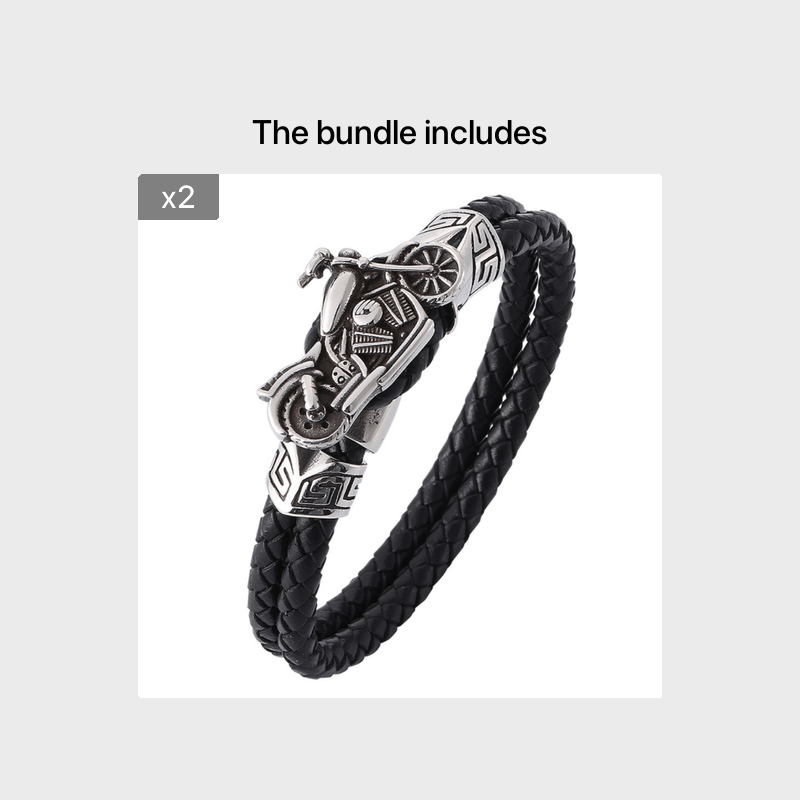 Vintage Distressed Metal Motorcycle Look Classic Black Double Layer Hand Braided Leather Bracelet Men's Bike Punk Jewelry