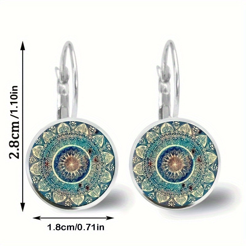 Mandala Flower Pattern Time Gemstone Decor Vintage Earrings Alloy Jewelry Delicate Female Gift Daily Casual