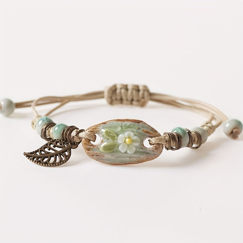 Delicate Ceramic Ornaments Clay Flower Bracelet With Adjustable Braided PU Leather Bracelet