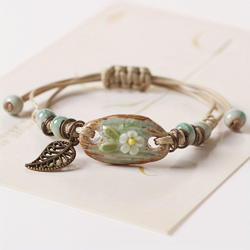 Delicate Ceramic Ornaments Clay Flower Bracelet With Adjustable Braided PU Leather Bracelet