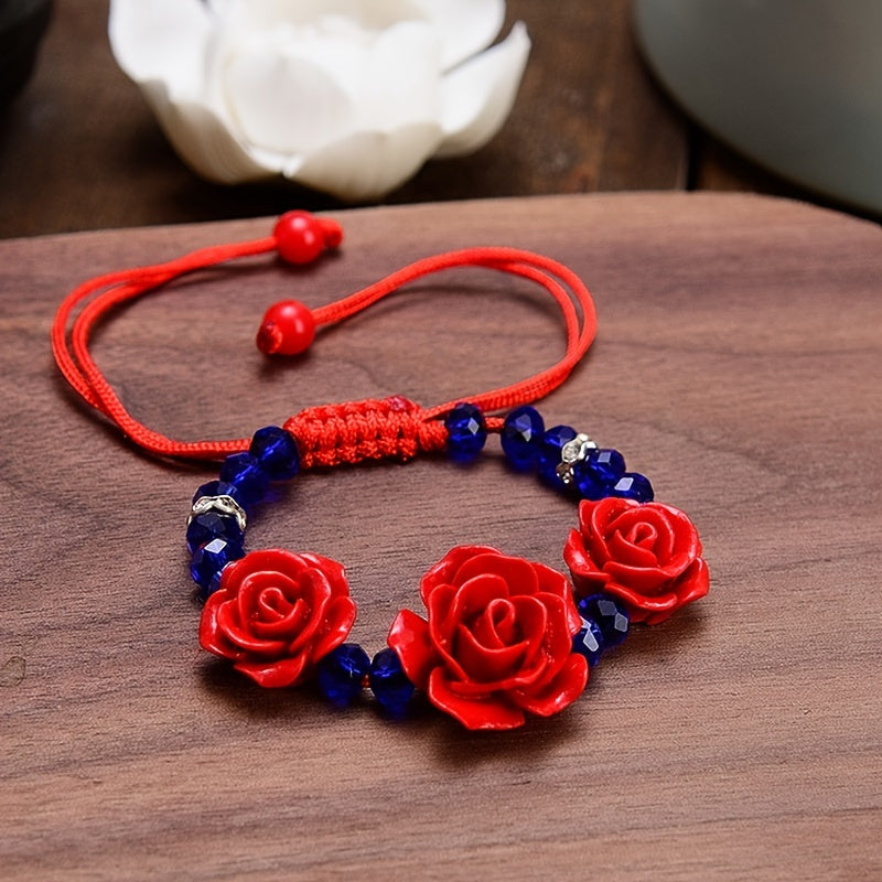 Flower Theme Beaded Bracelet Adjustable Hand Jewelry For Red Wedding Gift 1 Pc