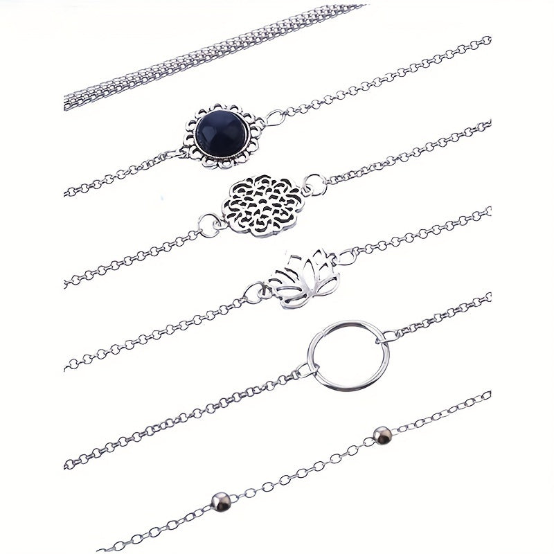 A Set of Six Minimalist Hollowed-Out for Lotus Leaf Round Stone Beaded Bohemian Ethnic Style Unique Bracelets,  Statement Bracelets, Hollowedout Pattern, Minimalist Design, Lightweight Bracelet, Delicate Craftsmanship, Fashio