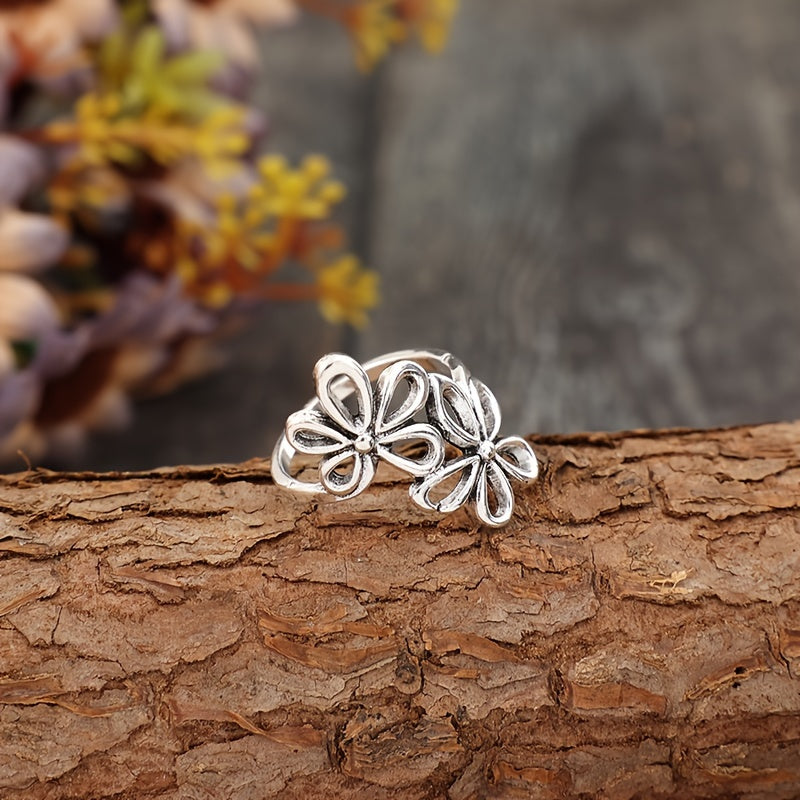Double Hollow Flower Adjustable Open Ring Vintage Style Finger Jewelry Decor For Women