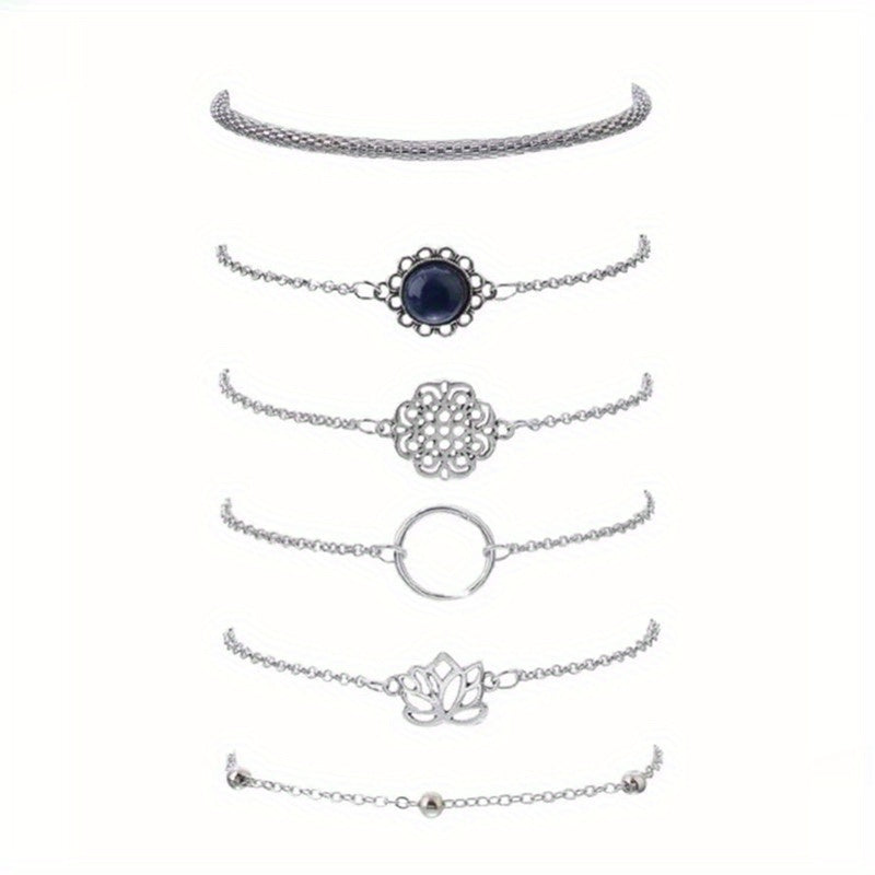 A Set of Six Minimalist Hollowed-Out for Lotus Leaf Round Stone Beaded Bohemian Ethnic Style Unique Bracelets,  Statement Bracelets, Hollowedout Pattern, Minimalist Design, Lightweight Bracelet, Delicate Craftsmanship, Fashio