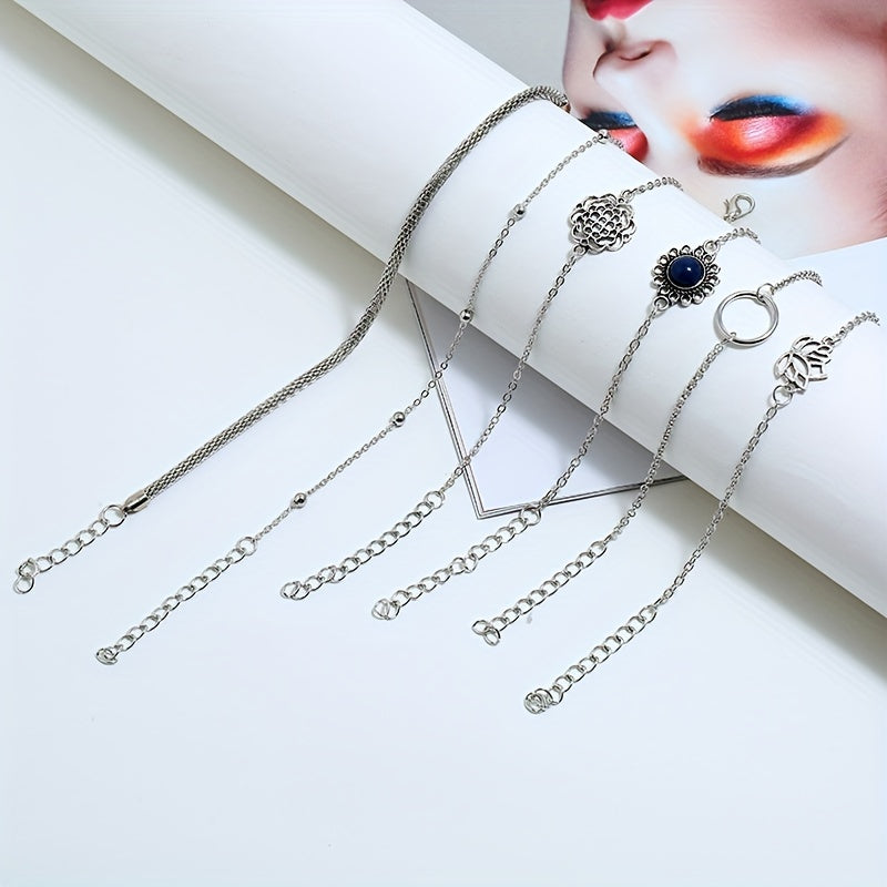 A Set of Six Minimalist Hollowed-Out for Lotus Leaf Round Stone Beaded Bohemian Ethnic Style Unique Bracelets,  Statement Bracelets, Hollowedout Pattern, Minimalist Design, Lightweight Bracelet, Delicate Craftsmanship, Fashio