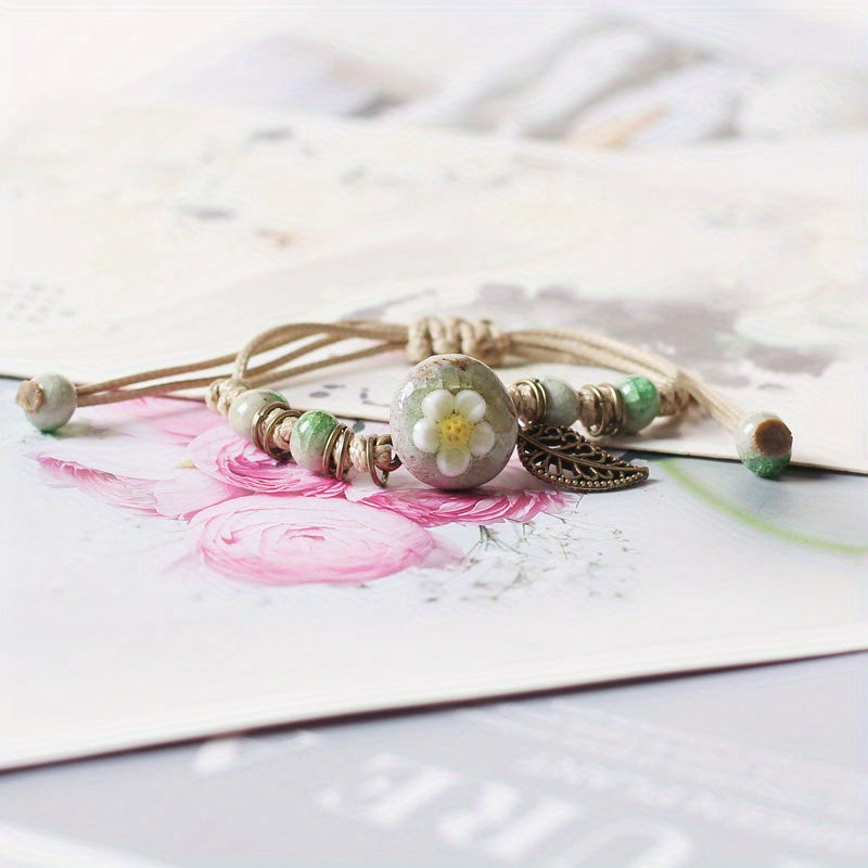 Delicate Ceramic Ornaments Clay Flower Bracelet With Adjustable Braided PU Leather Bracelet