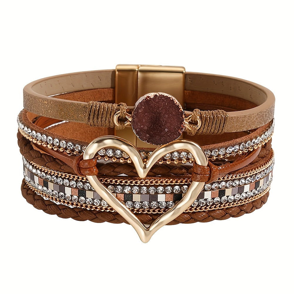 Exaggerated Love Shape Warp Bracelet Inlaid Rhinestone Multi-layer PU Leather Bracelet With Magnetic Buckle