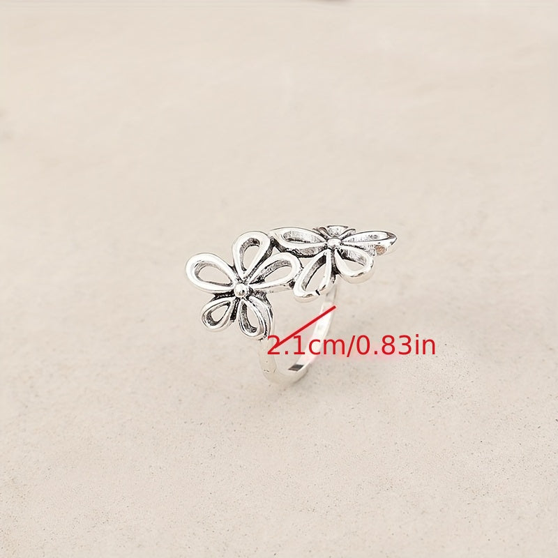 Double Hollow Flower Adjustable Open Ring Vintage Style Finger Jewelry Decor For Women