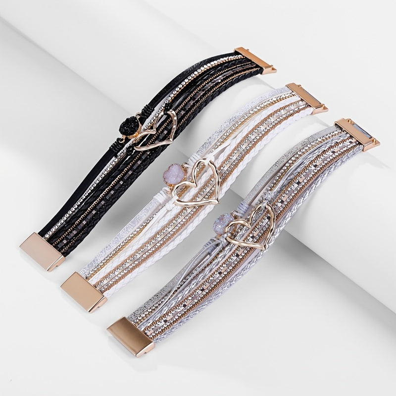 Exaggerated Love Shape Warp Bracelet Inlaid Rhinestone Multi-layer PU Leather Bracelet With Magnetic Buckle