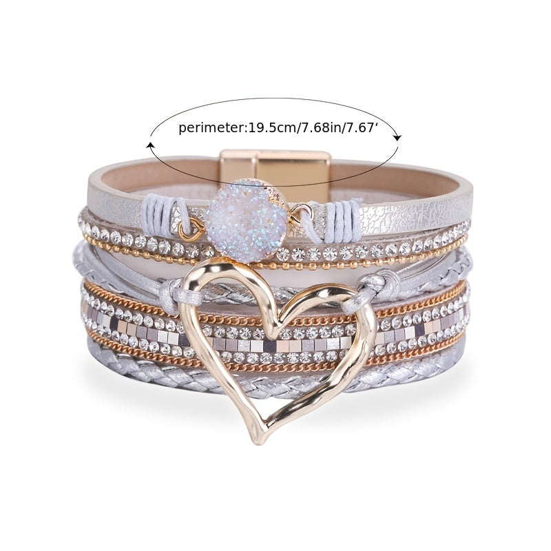 Exaggerated Love Shape Warp Bracelet Inlaid Rhinestone Multi-layer PU Leather Bracelet With Magnetic Buckle