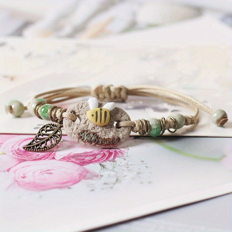 Delicate Ceramic Ornaments Clay Flower Bracelet With Adjustable Braided PU Leather Bracelet