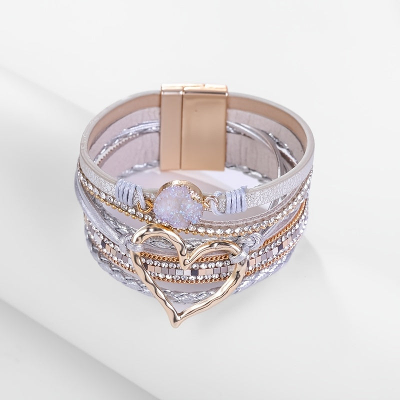 Exaggerated Love Shape Warp Bracelet Inlaid Rhinestone Multi-layer PU Leather Bracelet With Magnetic Buckle