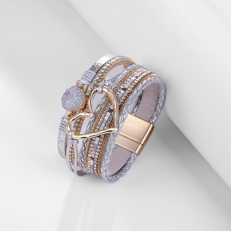 Exaggerated Love Shape Warp Bracelet Inlaid Rhinestone Multi-layer PU Leather Bracelet With Magnetic Buckle
