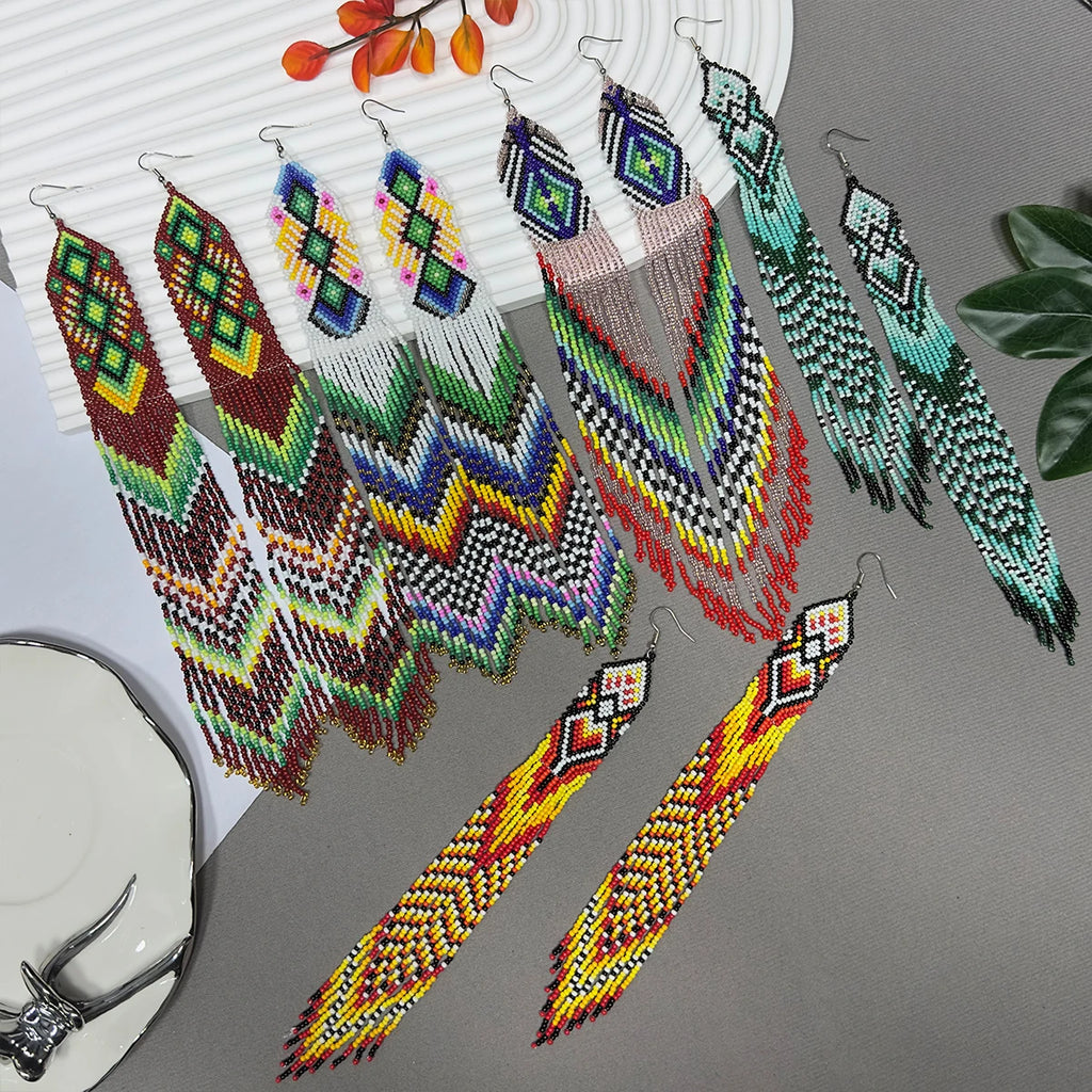 AHAYA Women's Bohemian Large Long Tassel Beaded Dangle Earrings Native Handmade Statement Big Fringe Gift for Stylish Boho