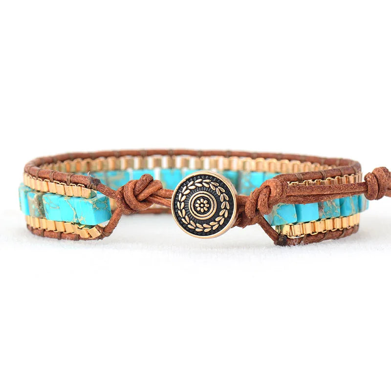 Fashion Imperial Stone Hand-woven Leather Bracelet for Men and Women  AdjustableStylish Natural Gemstone Boho Chic Jewelry