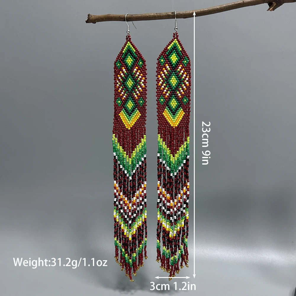 AHAYA Women's Bohemian Large Long Tassel Beaded Dangle Earrings Native Handmade Statement Big Fringe Gift for Stylish Boho
