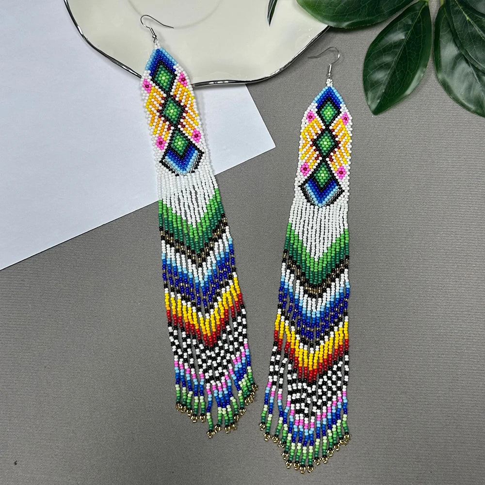 AHAYA Women's Bohemian Large Long Tassel Beaded Dangle Earrings Native Handmade Statement Big Fringe Gift for Stylish Boho