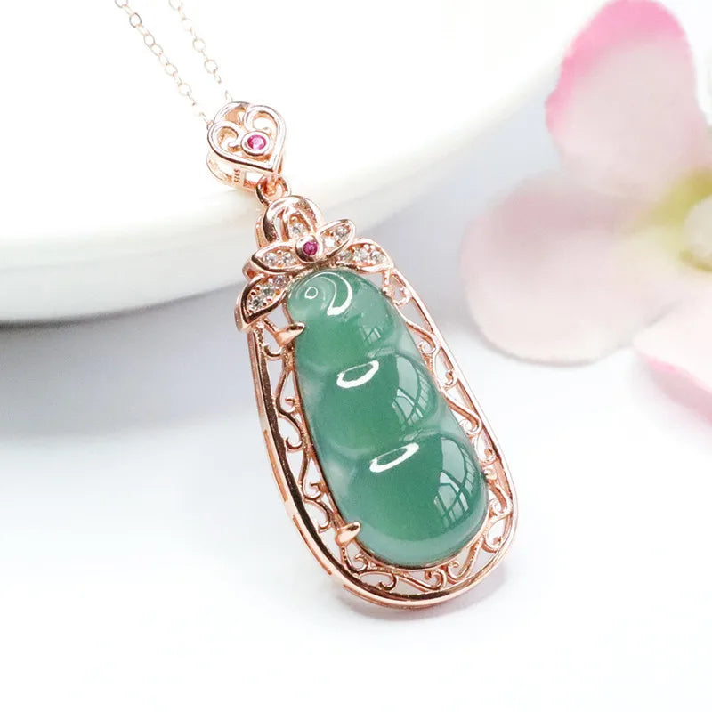 S925 Silver Inlay Natural Emerald Ice Blue Water Sauteed Green Beans Pendant Jade Jewelry Live Delivery 2051206