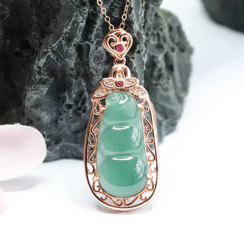 S925 Silver Inlay Natural Emerald Ice Blue Water Sauteed Green Beans Pendant Jade Jewelry Live Delivery 2051206