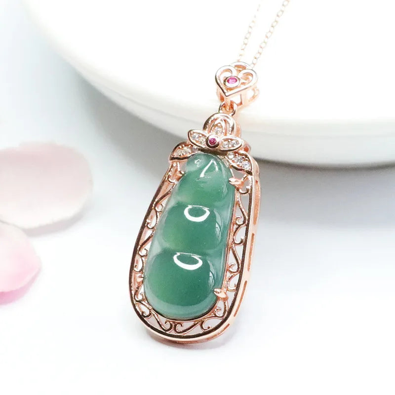 S925 Silver Inlay Natural Emerald Ice Blue Water Sauteed Green Beans Pendant Jade Jewelry Live Delivery 2051206