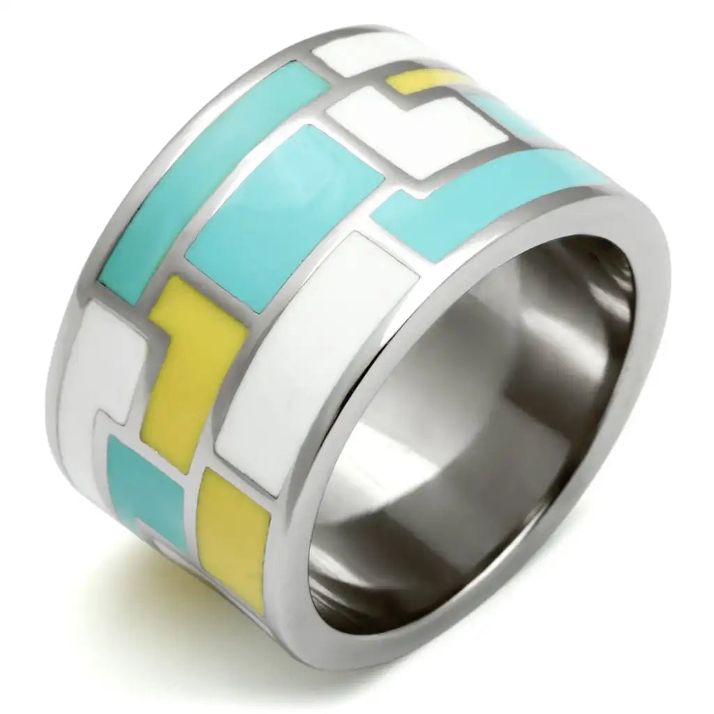 AJ TK514 High Polished Stainless Steel Ring with Epoxy Multi-Color Fashion Rings