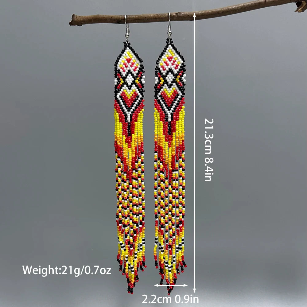 AHAYA Women's Bohemian Large Long Tassel Beaded Dangle Earrings Native Handmade Statement Big Fringe Gift for Stylish Boho