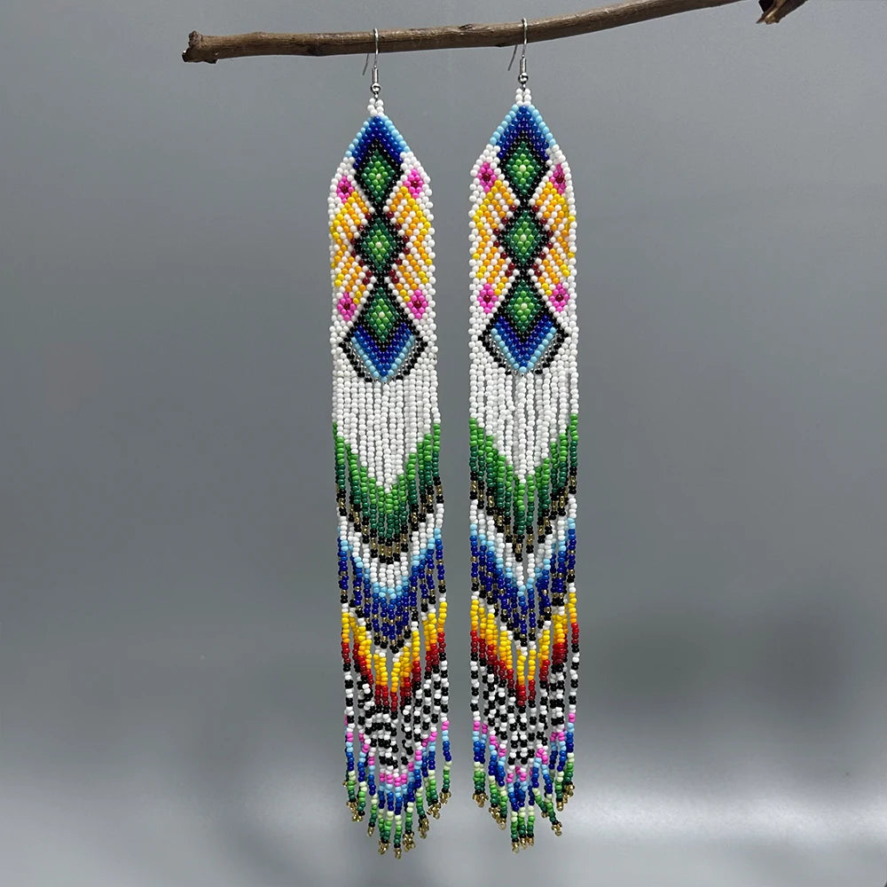 AHAYA Women's Bohemian Large Long Tassel Beaded Dangle Earrings Native Handmade Statement Big Fringe Gift for Stylish Boho