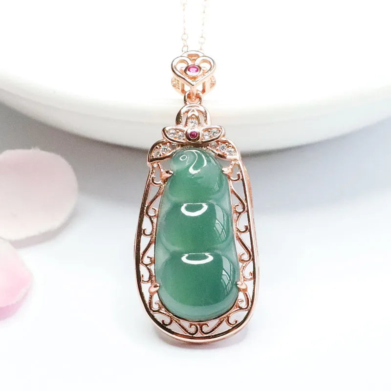 S925 Silver Inlay Natural Emerald Ice Blue Water Sauteed Green Beans Pendant Jade Jewelry Live Delivery 2051206