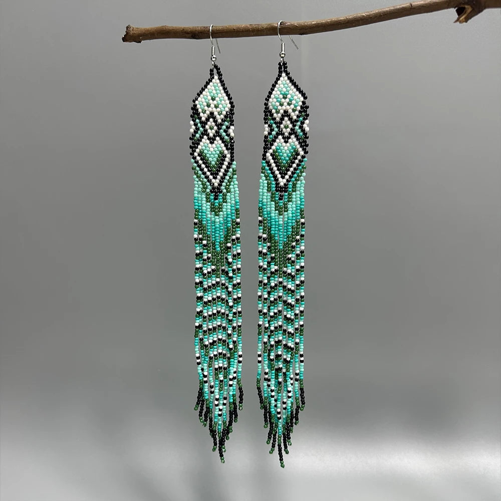 AHAYA Women's Bohemian Large Long Tassel Beaded Dangle Earrings Native Handmade Statement Big Fringe Gift for Stylish Boho