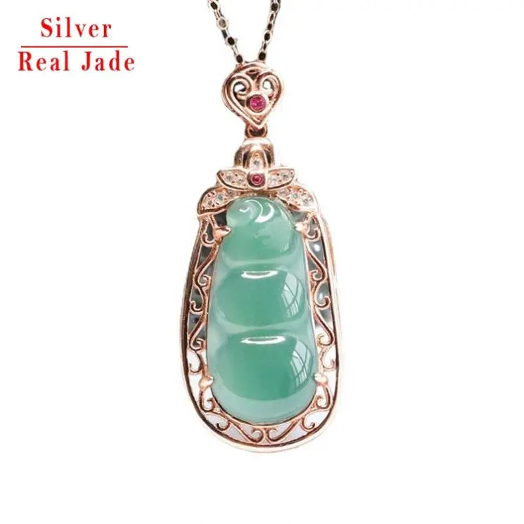 S925 Silver Inlay Natural Emerald Ice Blue Water Sauteed Green Beans Pendant Jade Jewelry Live Delivery 2051206