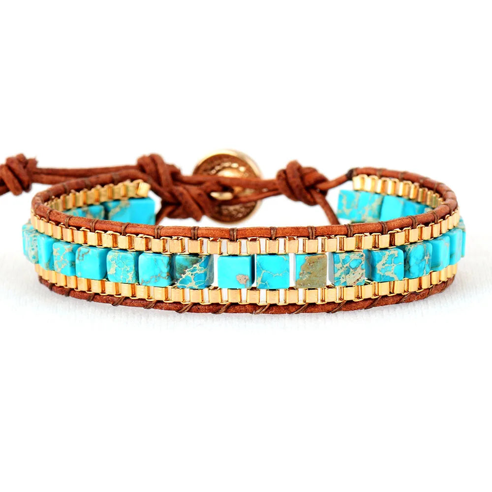 Fashion Imperial Stone Hand-woven Leather Bracelet for Men and Women  AdjustableStylish Natural Gemstone Boho Chic Jewelry
