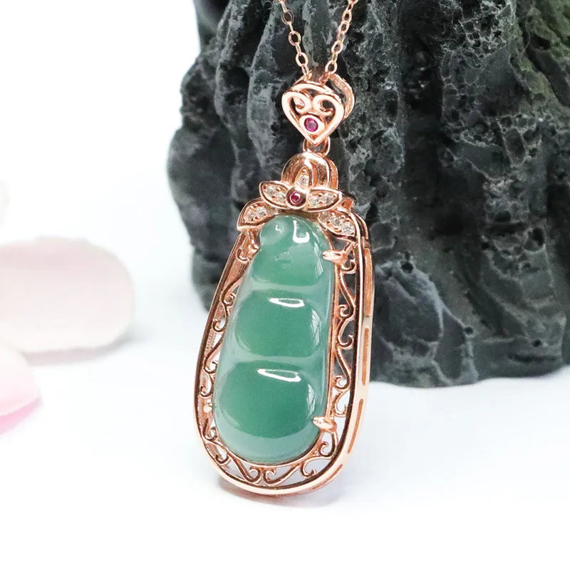 S925 Silver Inlay Natural Emerald Ice Blue Water Sauteed Green Beans Pendant Jade Jewelry Live Delivery 2051206