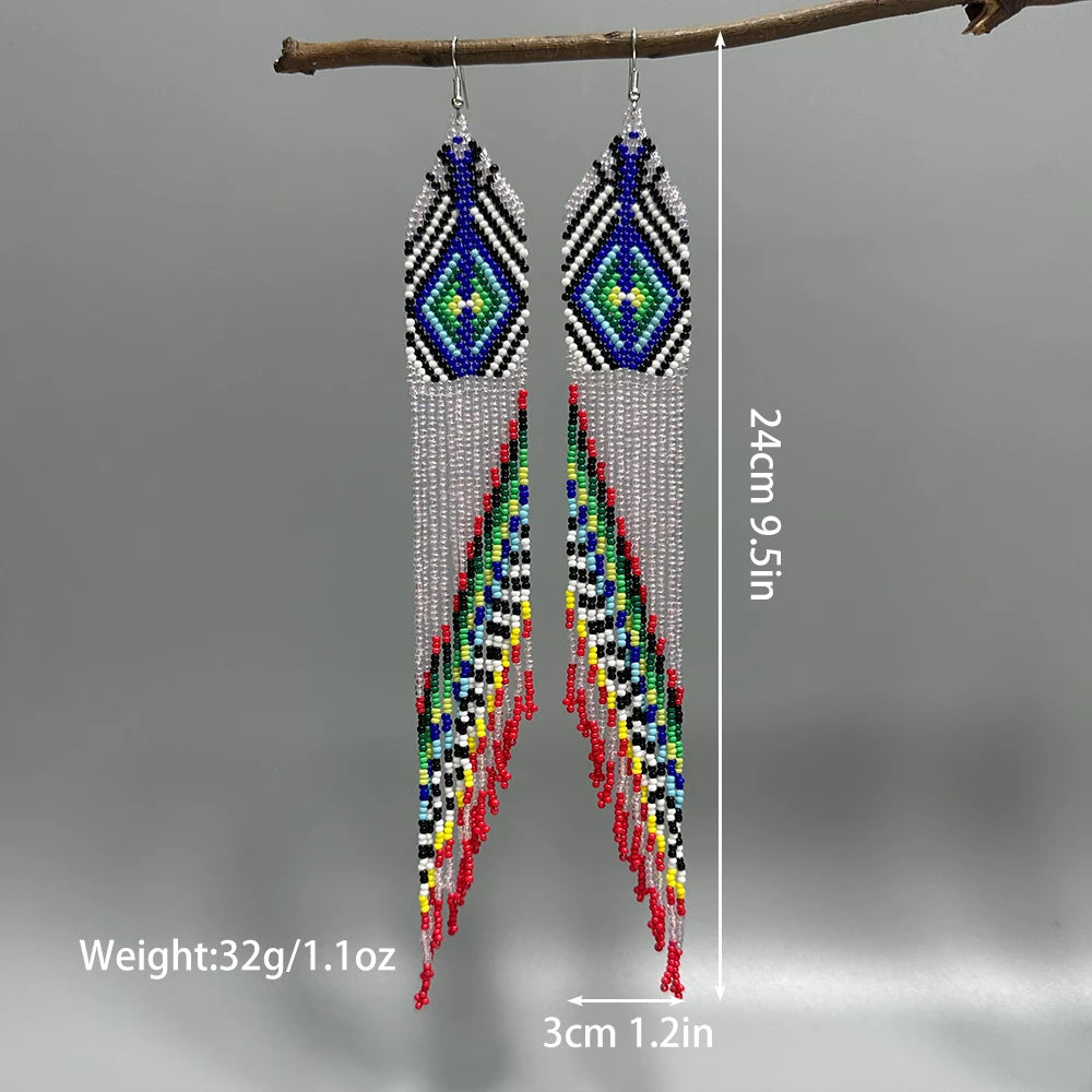 AHAYA Women's Bohemian Large Long Tassel Beaded Dangle Earrings Native Handmade Statement Big Fringe Gift for Stylish Boho